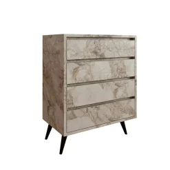 Commode moderne 4 tiroirs effet marbre, pieds noirs MARFA