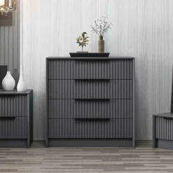 Commode moderne 4 tiroirs grise, façade rainurée BYRON