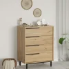 Commode rangement 4 tiroirs à détails noirs, effet bois JENA