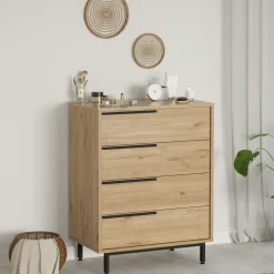 Commode rangement 4 tiroirs à détails noirs, effet bois JENA
