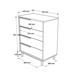 Commode rangement 4 tiroirs à détails noirs, effet bois JENA