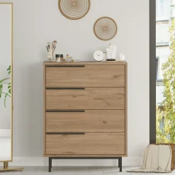 Commode rangement 4 tiroirs à détails noirs, effet bois JENA