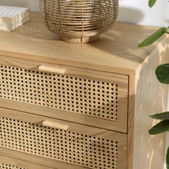 Commode 3 tiroirs bois clair et cannage ALGA