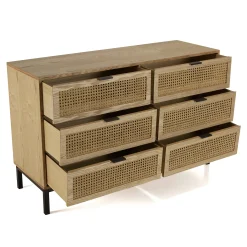 Commode 6 tiroirs bois clair et rotin pieds métal PALMA