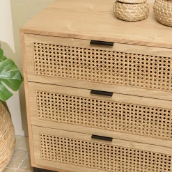 Commode 6 tiroirs bois clair et rotin pieds métal PALMA
