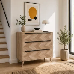 Commode 3 tiroirs décor bois motif chevron ALVA