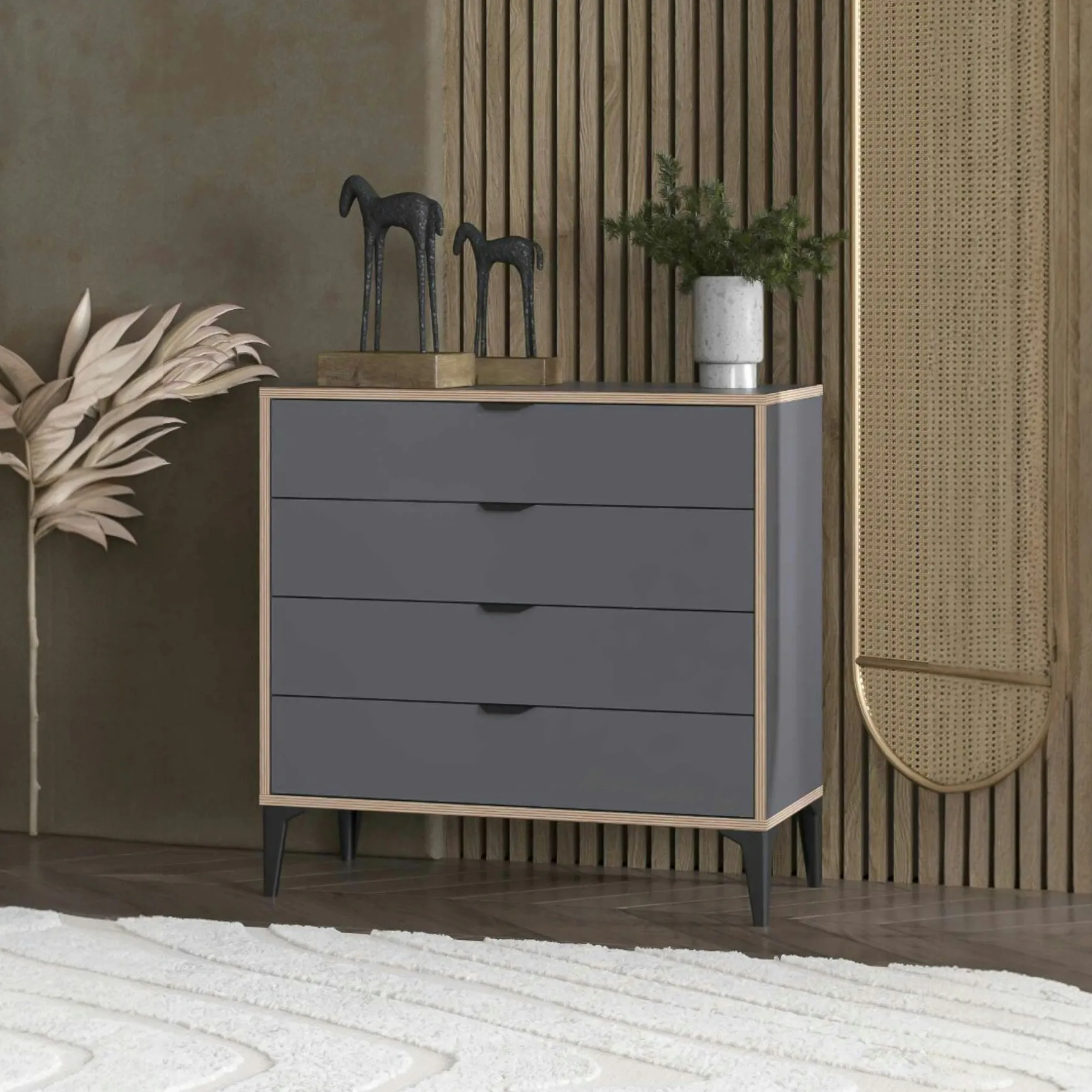 Commode 4 tiroirs gris foncé moderne BYRON