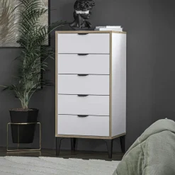 Commode étroite blanche 5 tiroirs BYRON
