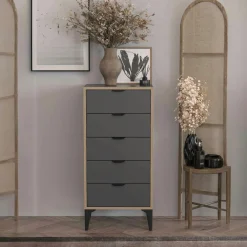 Commode étroite gris foncé 5 tiroirs BYRON
