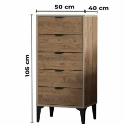 Commode étroite 5 tiroirs décor pin BYRON