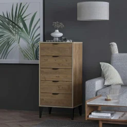 Commode étroite 5 tiroirs décor pin BYRON