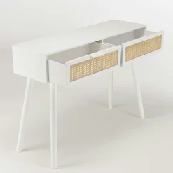 Console blanche moderne 2 tiroirs cannage naturel CALVIA