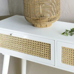 Console blanche moderne 2 tiroirs cannage naturel CALVIA