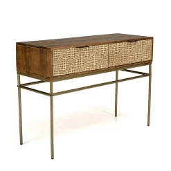 Console bois vintage pieds métal laiton 2 tiroirs graphiques KANHA
