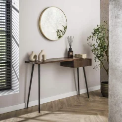 Console bureau en bois d’acacia brun, tiroir rainuré NAKO