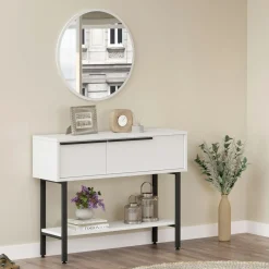 Console d'entrée moderne noir et blanc et miroir rond JENA