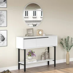 Console d'entrée moderne noir et blanc et miroir rond JENA