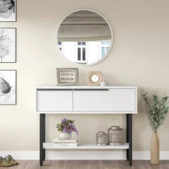 Console d'entrée moderne noir et blanc et miroir rond JENA