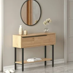 Console d'entrée rangement 2 portes décor bois et miroir JENA