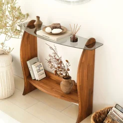 Console d'entrée vintage - bois brun, verre teinté ANZIO