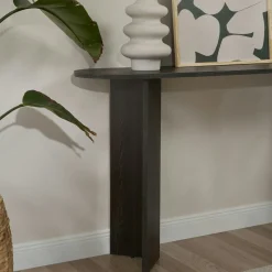 Console de salon noire ovale - pieds en V, effet bois MARFA