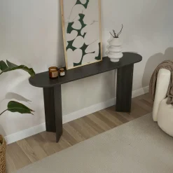 Console de salon noire ovale - pieds en V, effet bois MARFA