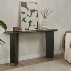 Console de salon noire ovale - pieds en V, effet bois MARFA