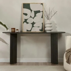 Console de salon noire ovale - pieds en V, effet bois MARFA