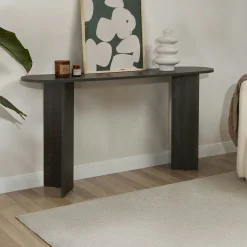 Console de salon noire ovale - pieds en V, effet bois MARFA