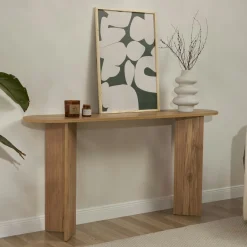 Console de salon ovale effet chêne - pieds en V MARFA