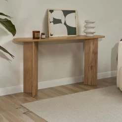 Console de salon ovale effet chêne - pieds en V MARFA