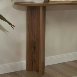 Console de salon ovale effet noyer clair - pieds en V MARFA