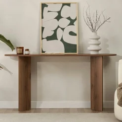 Console de salon ovale effet noyer clair - pieds en V MARFA