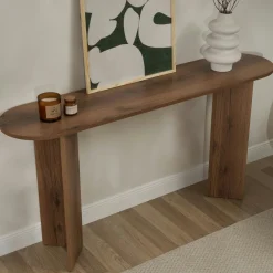 Console de salon ovale effet noyer clair - pieds en V MARFA