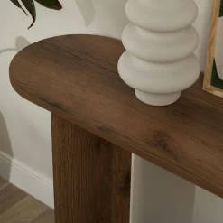 Console de salon ovale effet noyer clair - pieds en V MARFA