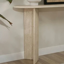 Console de salon ovale effet travertin - pieds en V MARFA