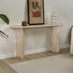 Console de salon ovale effet travertin - pieds en V MARFA