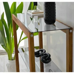 Console de salon verre teinté bois brun - 2 plateaux LHASA