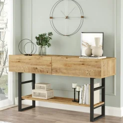 Console rustique chic décor bois clair 2 tiroirs JENA