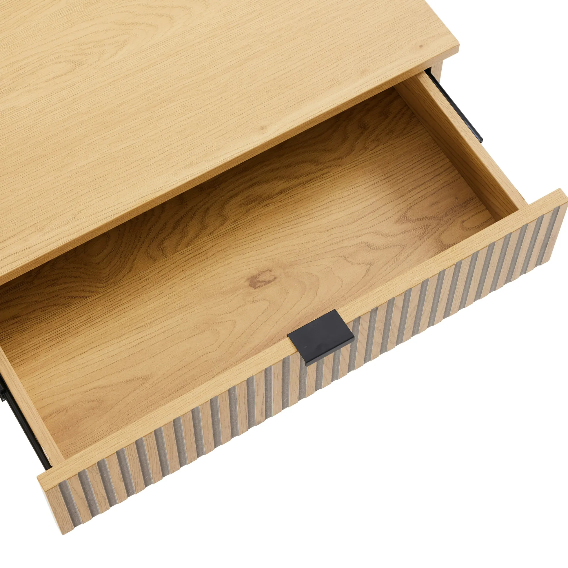 Console 2 tiroirs décor effet bois rainuré noir/naturel OLETTA