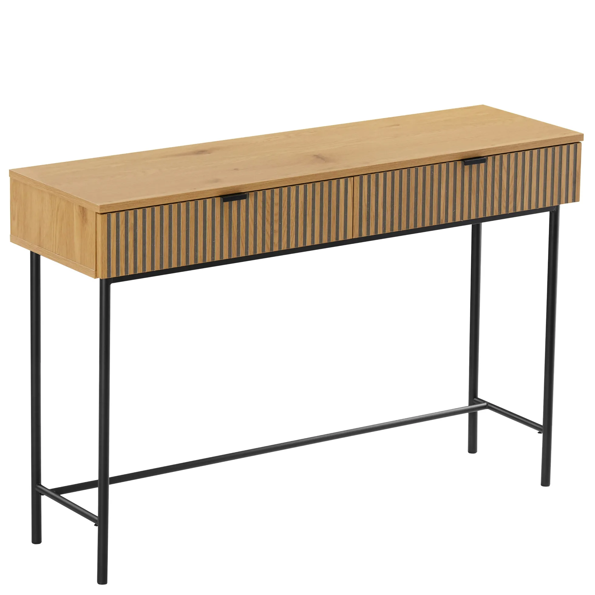 Console 2 tiroirs décor effet bois rainuré noir/naturel OLETTA