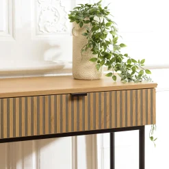 Console 2 tiroirs décor effet bois rainuré noir/naturel OLETTA