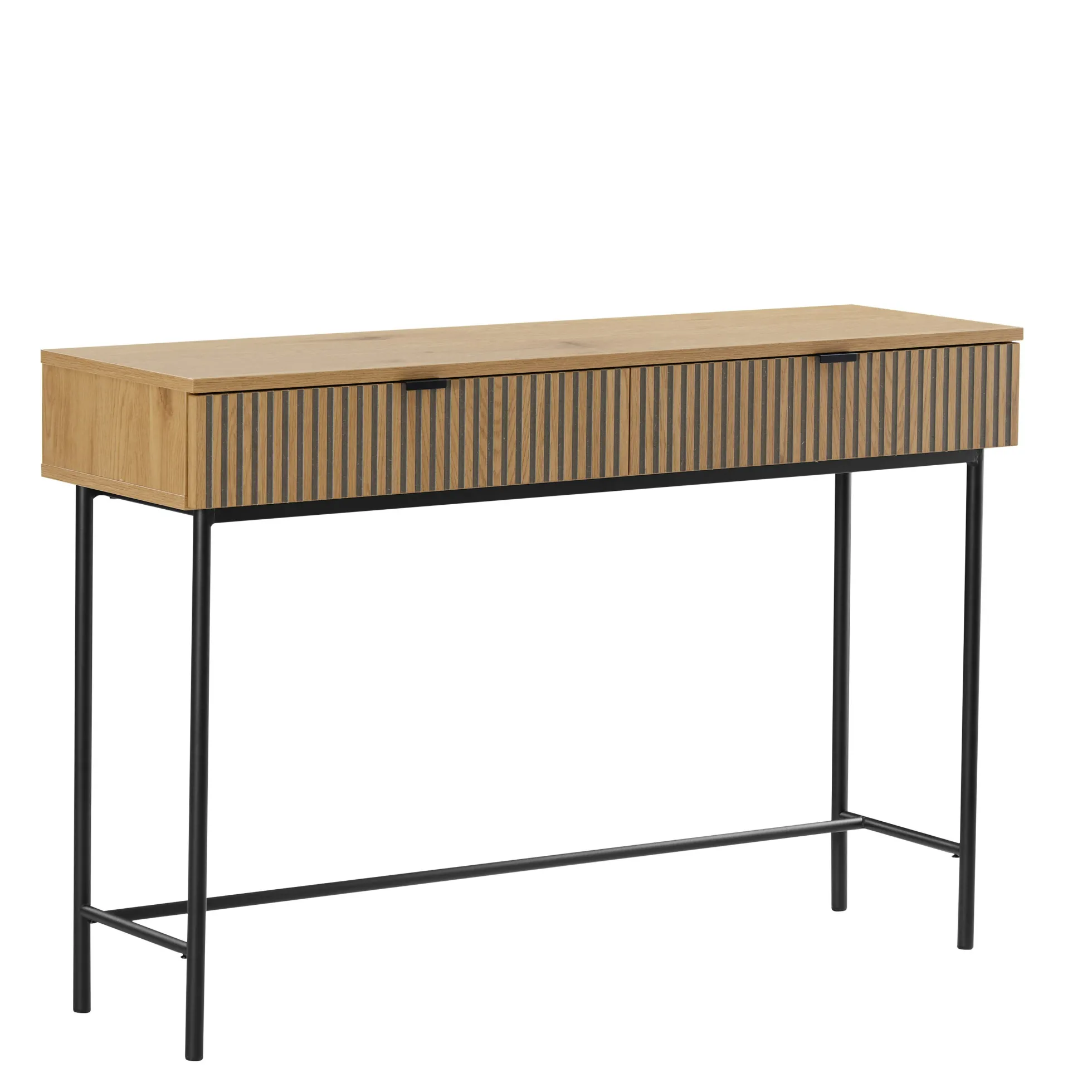 Console 2 tiroirs décor effet bois rainuré noir/naturel OLETTA