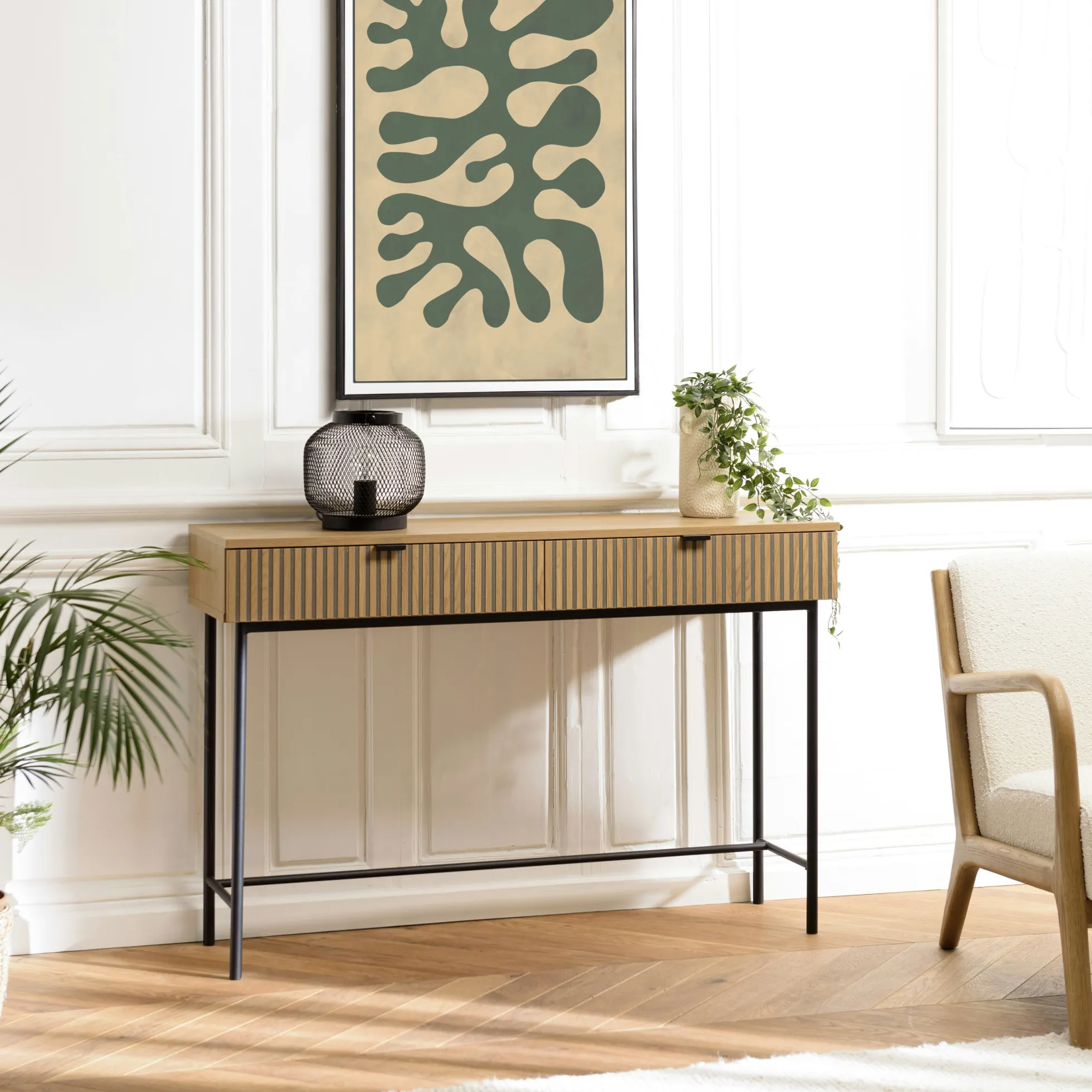 Console 2 tiroirs décor effet bois rainuré noir/naturel OLETTA