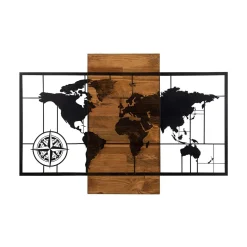 Décoration murale en métal et bois – planisphère