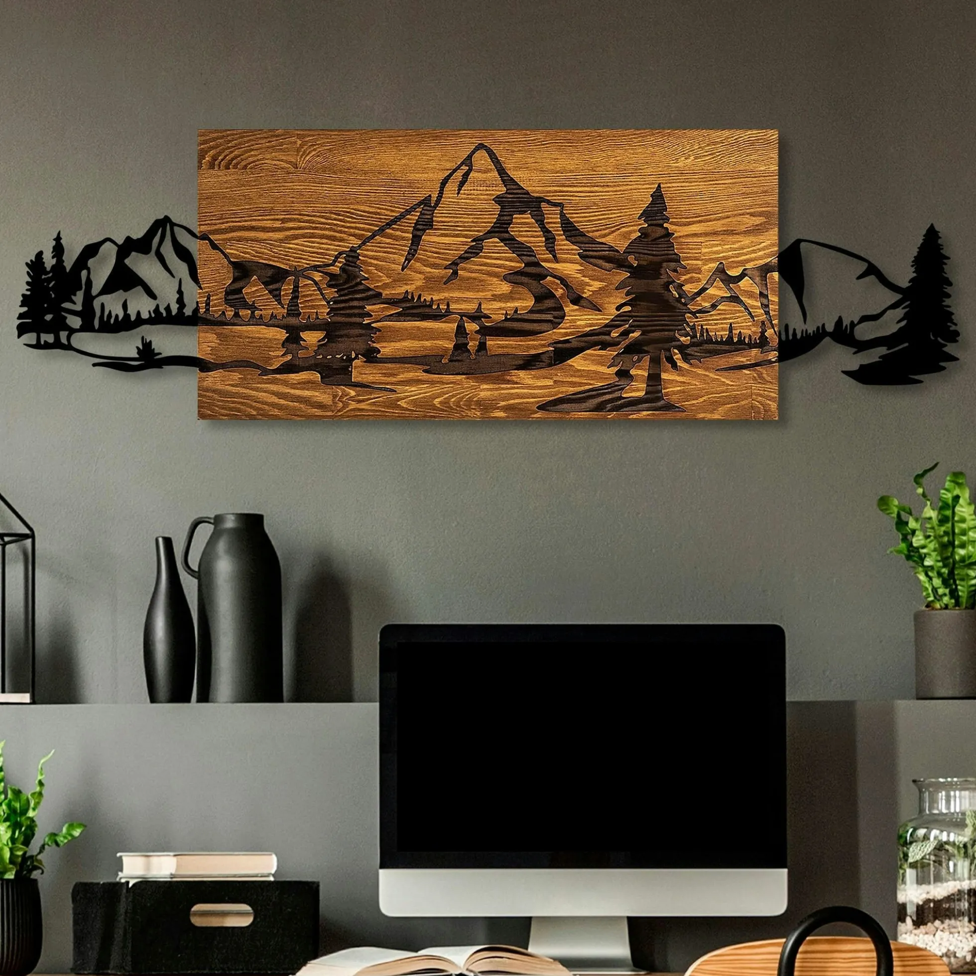 Décoration murale en métal et bois – paysage de montagne