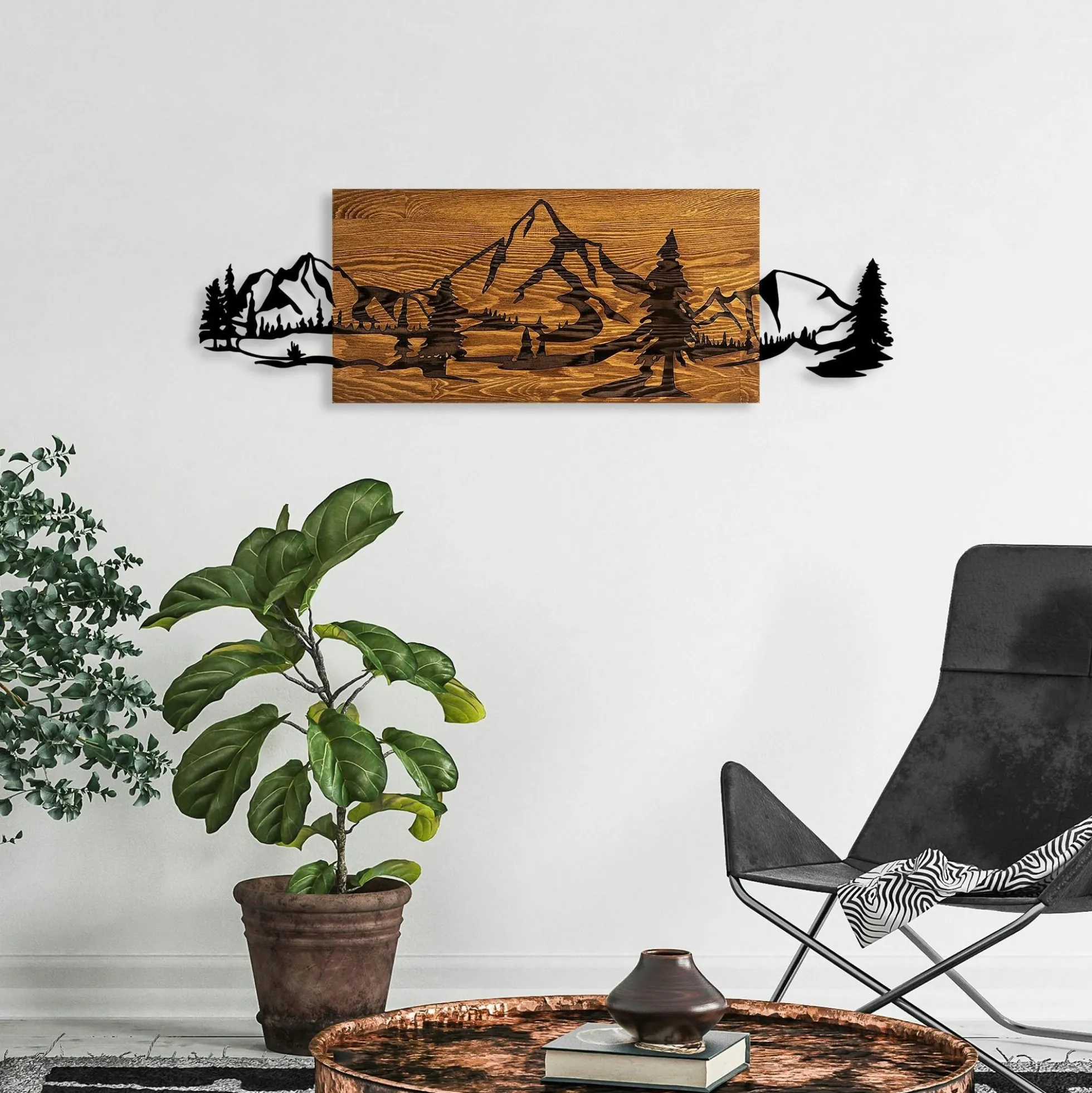Décoration murale en métal et bois – paysage de montagne