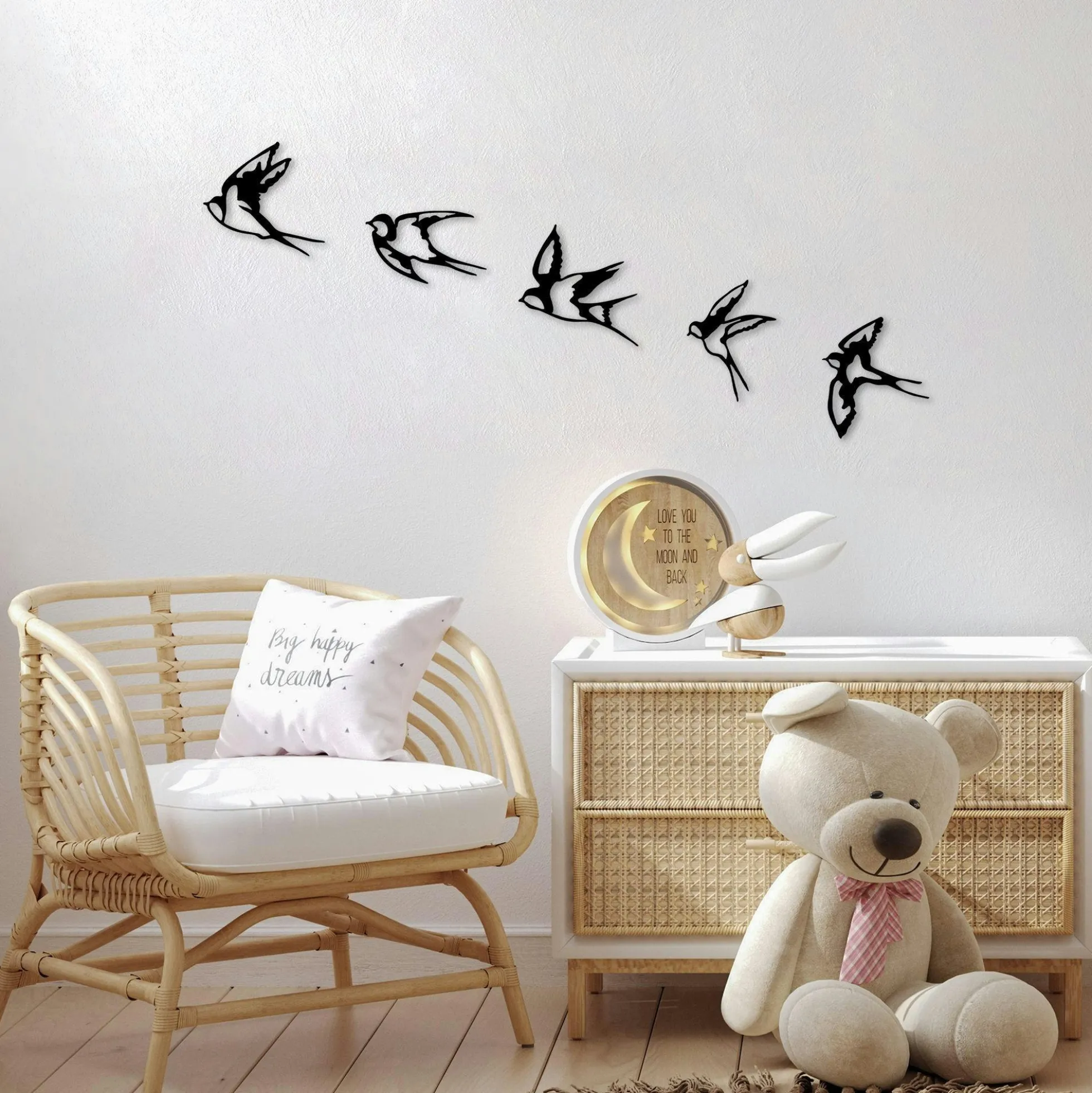 Décoration murale en métal noir – hirondelles (lot de 5)