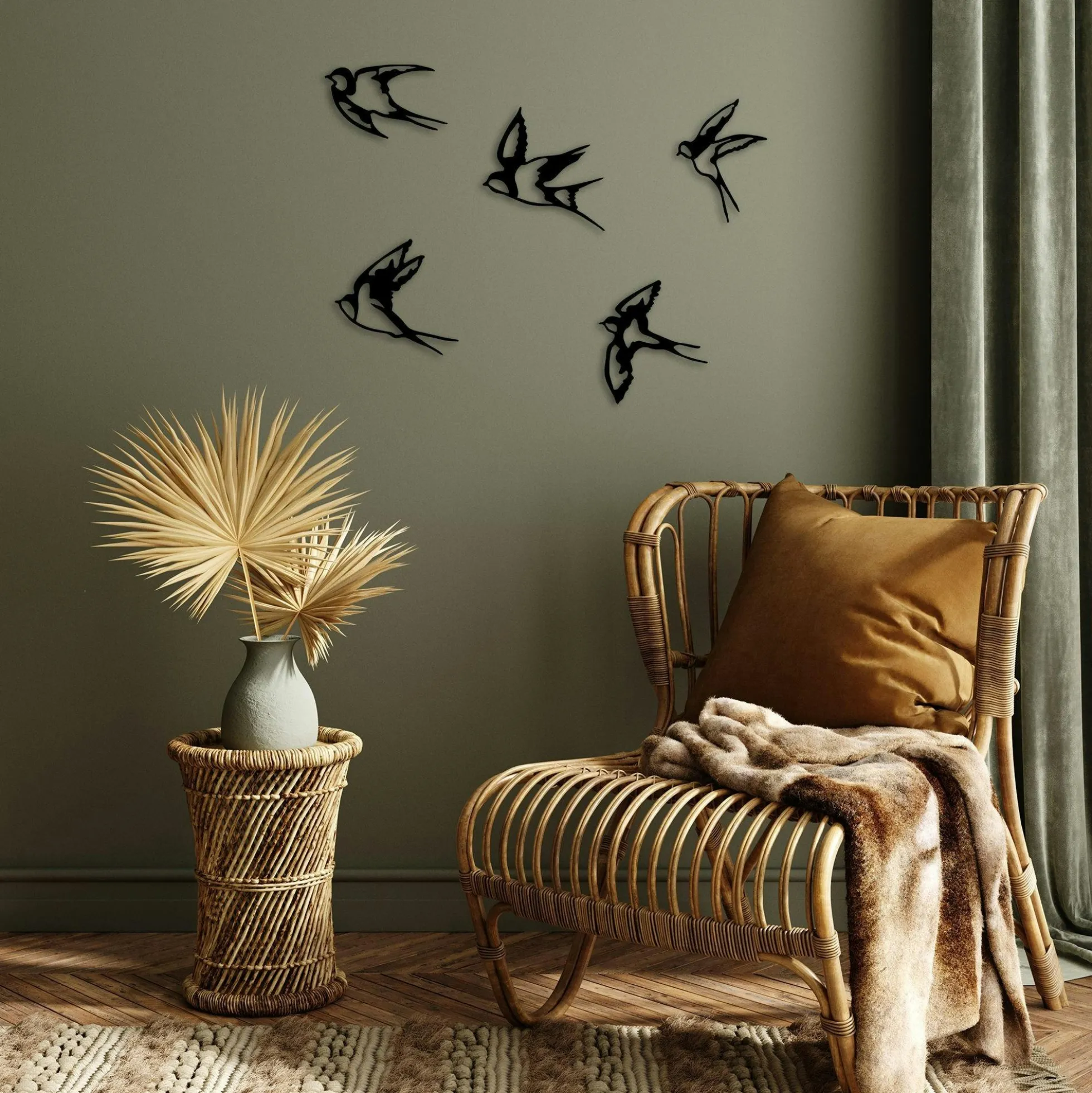 Décoration murale en métal noir – hirondelles (lot de 5)