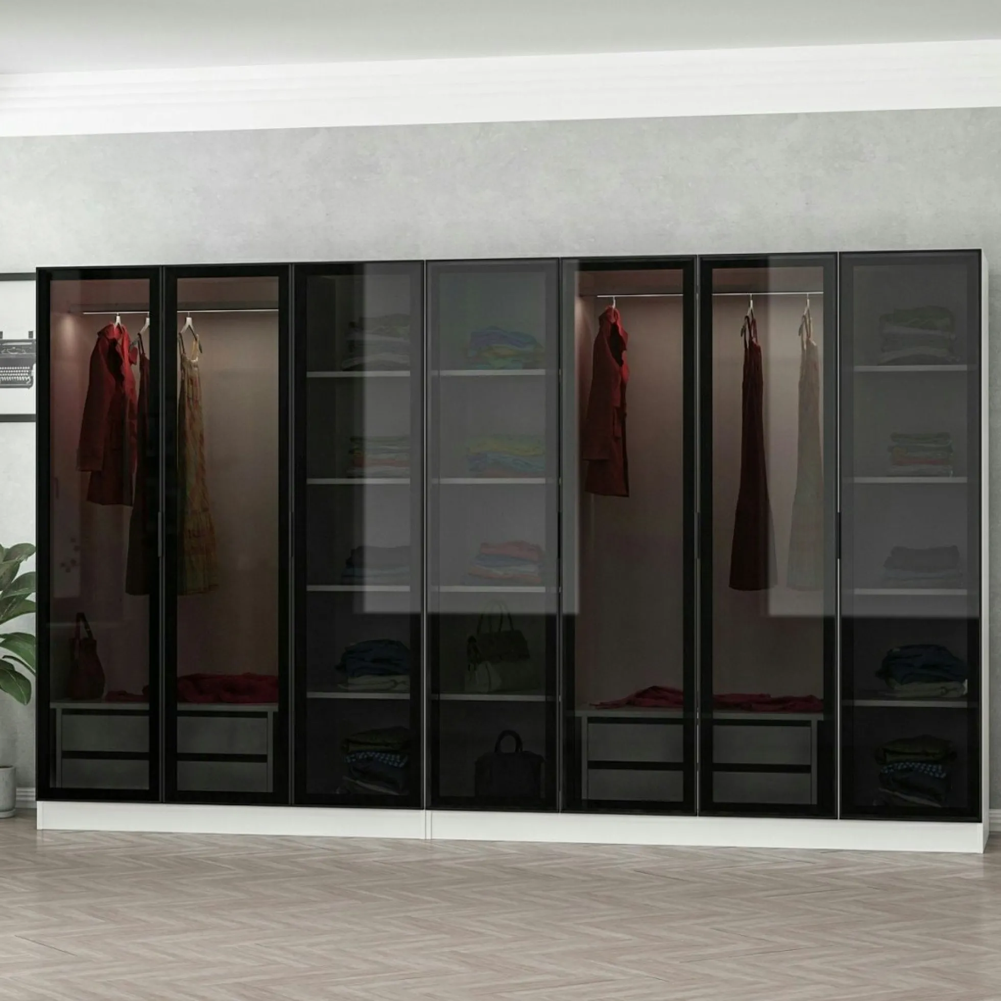 Dressing design 7 portes en verre noir et cadre blanc BYRON